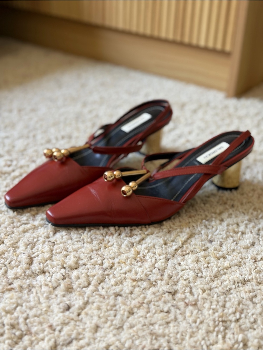 Red Pointed Slingback Heels with Gold Ball Detail